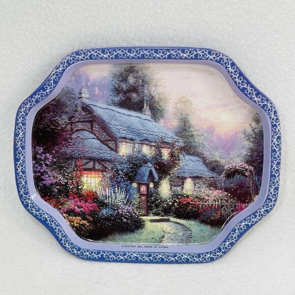 Vintage Giftco Metal Snack Tray Thomas Kinkade Enchanted Cottage Set 4 Serving - Picture 4 of 9
